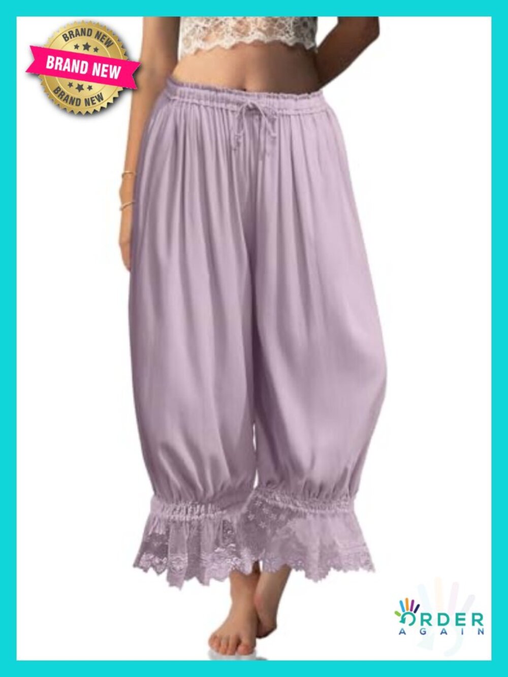 Linen Lace Trim Long Bloomers Pants with Pocket, Wide Leg Harem Pants